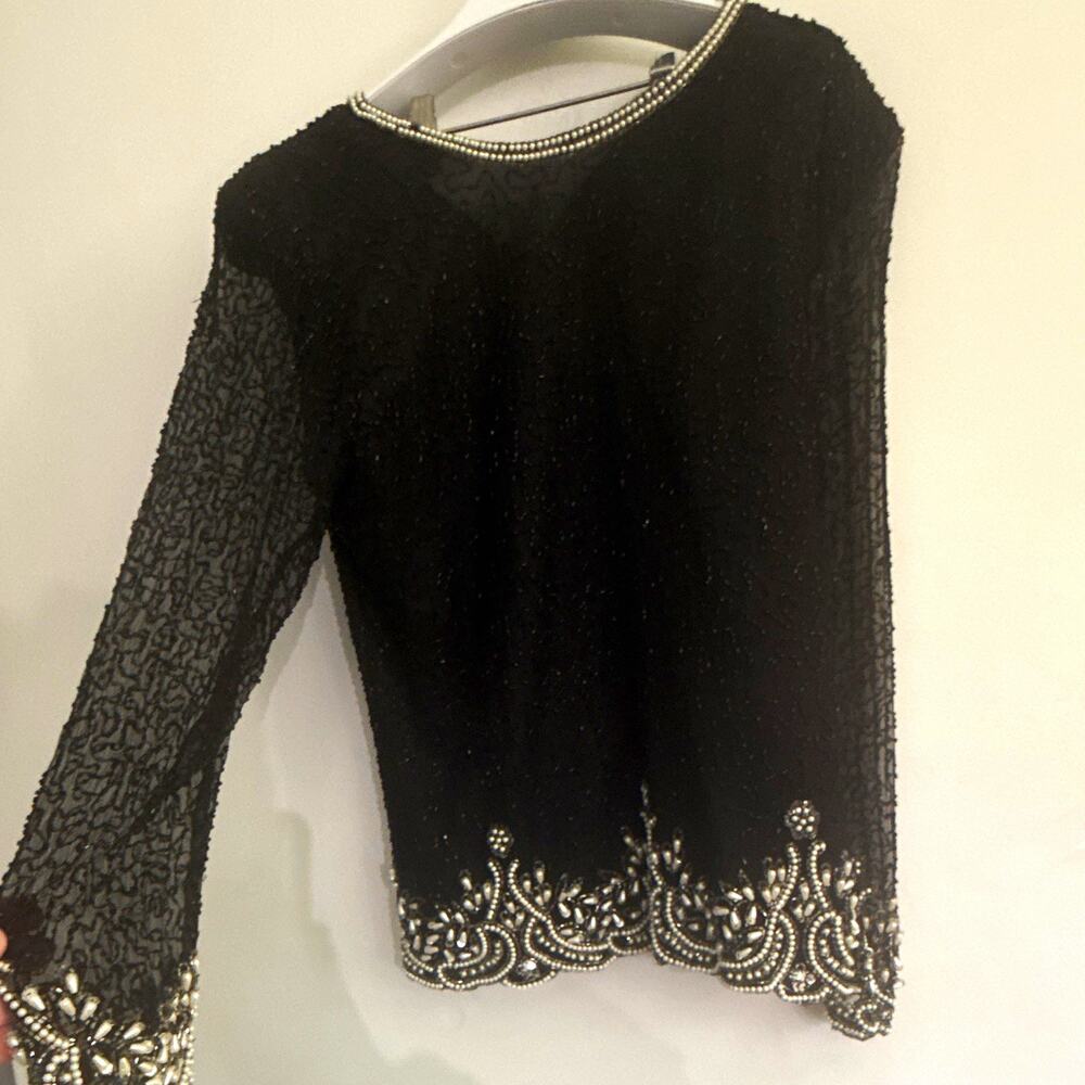 Vintage Laurence Kazar Women’s Black Silk Sheer Beaded Blouse Round Neck L